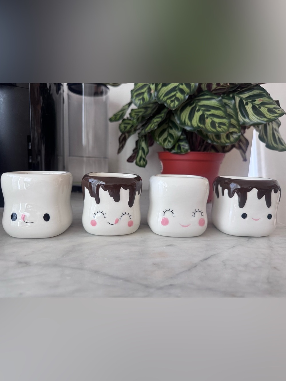 Cute Ceramic Smile Planter Pair — White with Pink Cheeks & Brown Drip